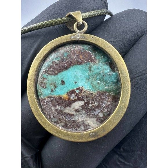 Natural Persian Turquoise Pendant Metal Brass Handmade With Rope - Picture 2 of 12
